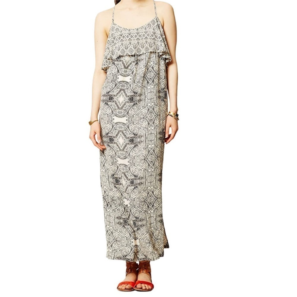 Anthropologie Vanessa Virginia Talitha Black Cream Geometric Print Maxi Dress